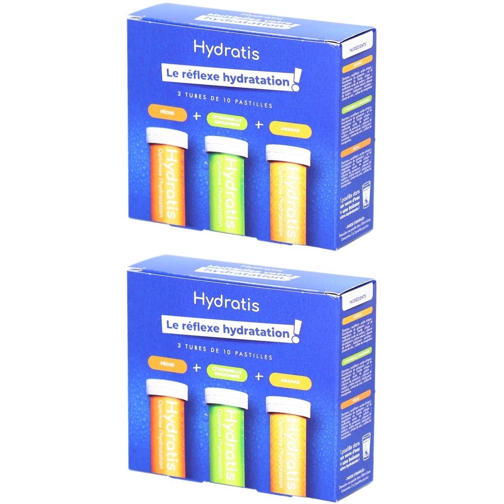 Zwei blaue Kartons mit Produkt. Aufschrift: Hydratis, Le réflexe hydratation. Drei farbige Tuben mit Pastillen.
