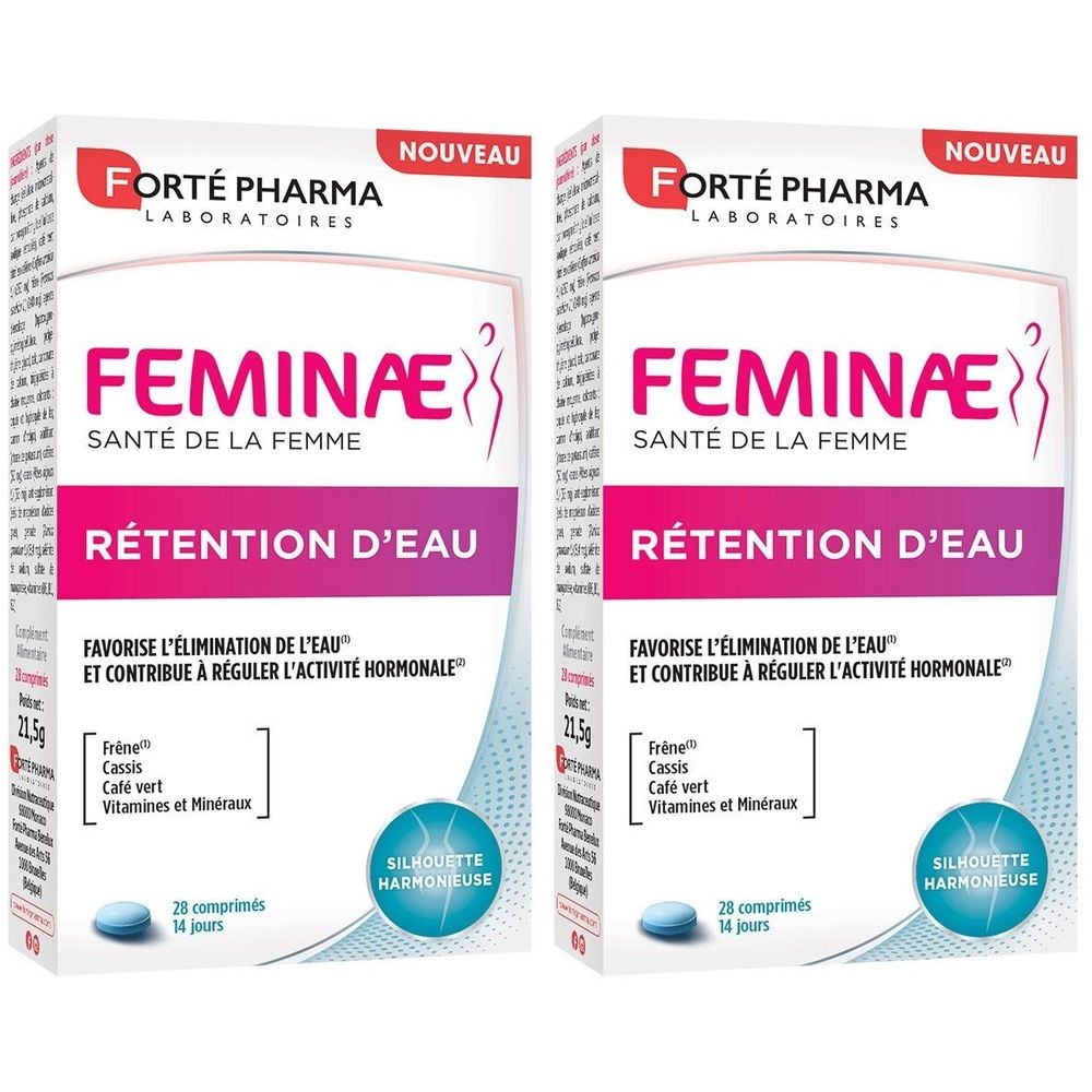 Zwei Packungen Feminae Rétention d'Eau. Weißer Karton mit rosa und lila Schrift. Enthält 28 Tabletten. Marke: Forté Pharma.