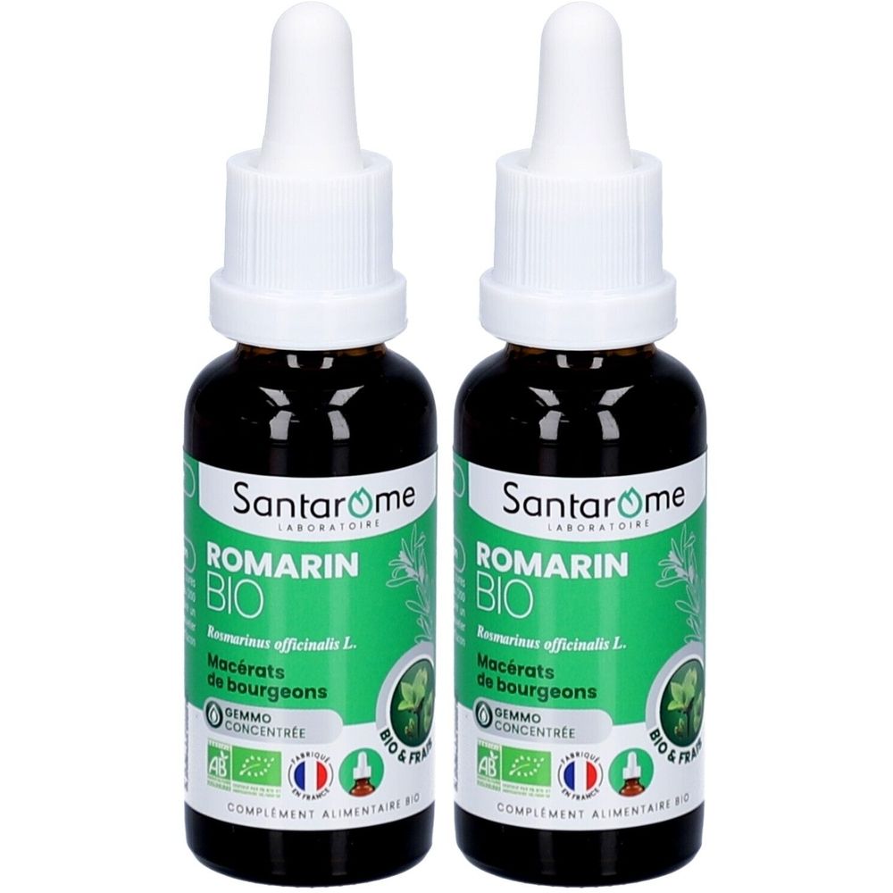 Zwei Flaschen mit weißem Verschluss und braunem Glas. Auf dem Etikett steht "ROMARIN BIO" und der Markenname "Santarome".