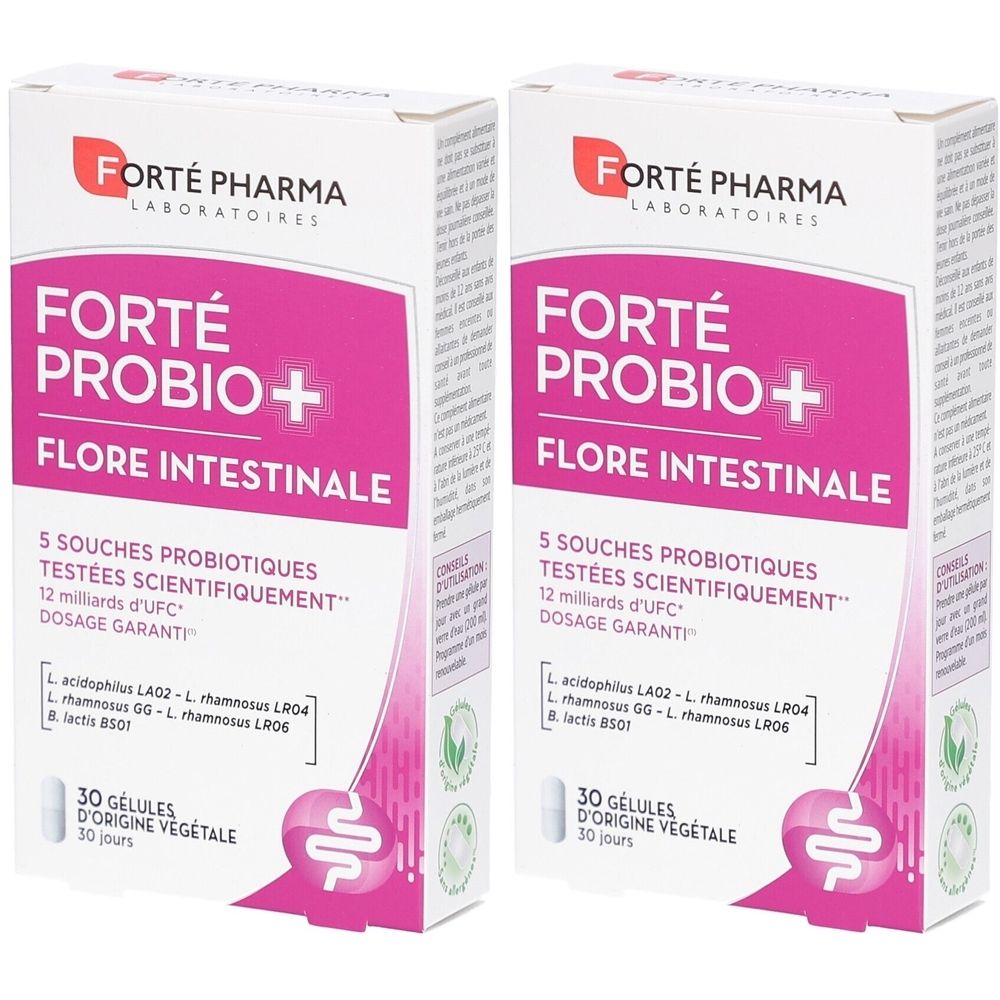 Zwei Schachteln Forté Probio+ Flore Intestinale. Weiß mit pinkfarbenem Feld. Text: Forté Pharma, Probio+, 30 Kapseln.