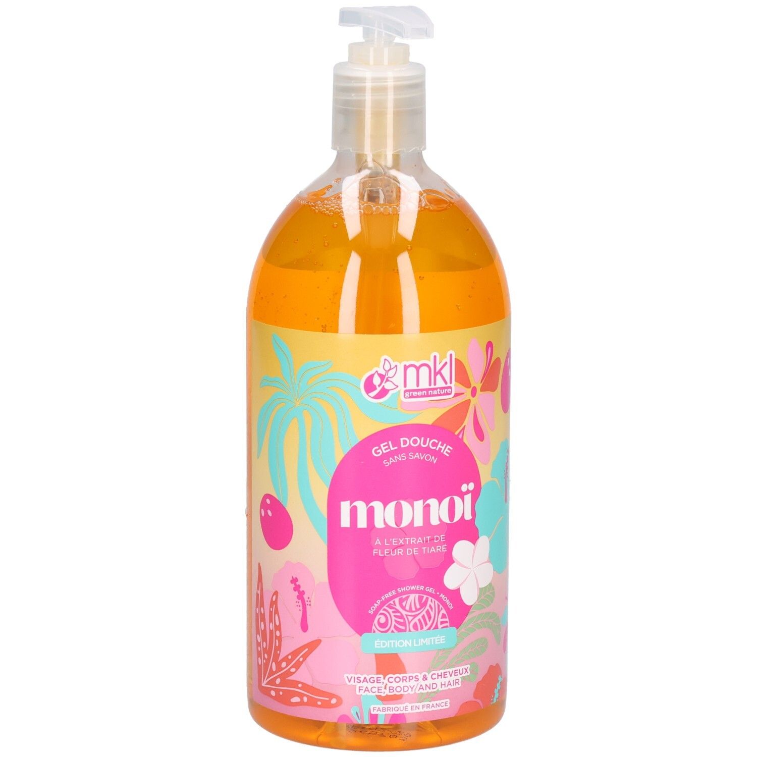 Transparente Flasche mit orangefarbenem Gel. Aufdruck: MKL, Monoi, Gel Douche. Mit Dosierpumpe.
