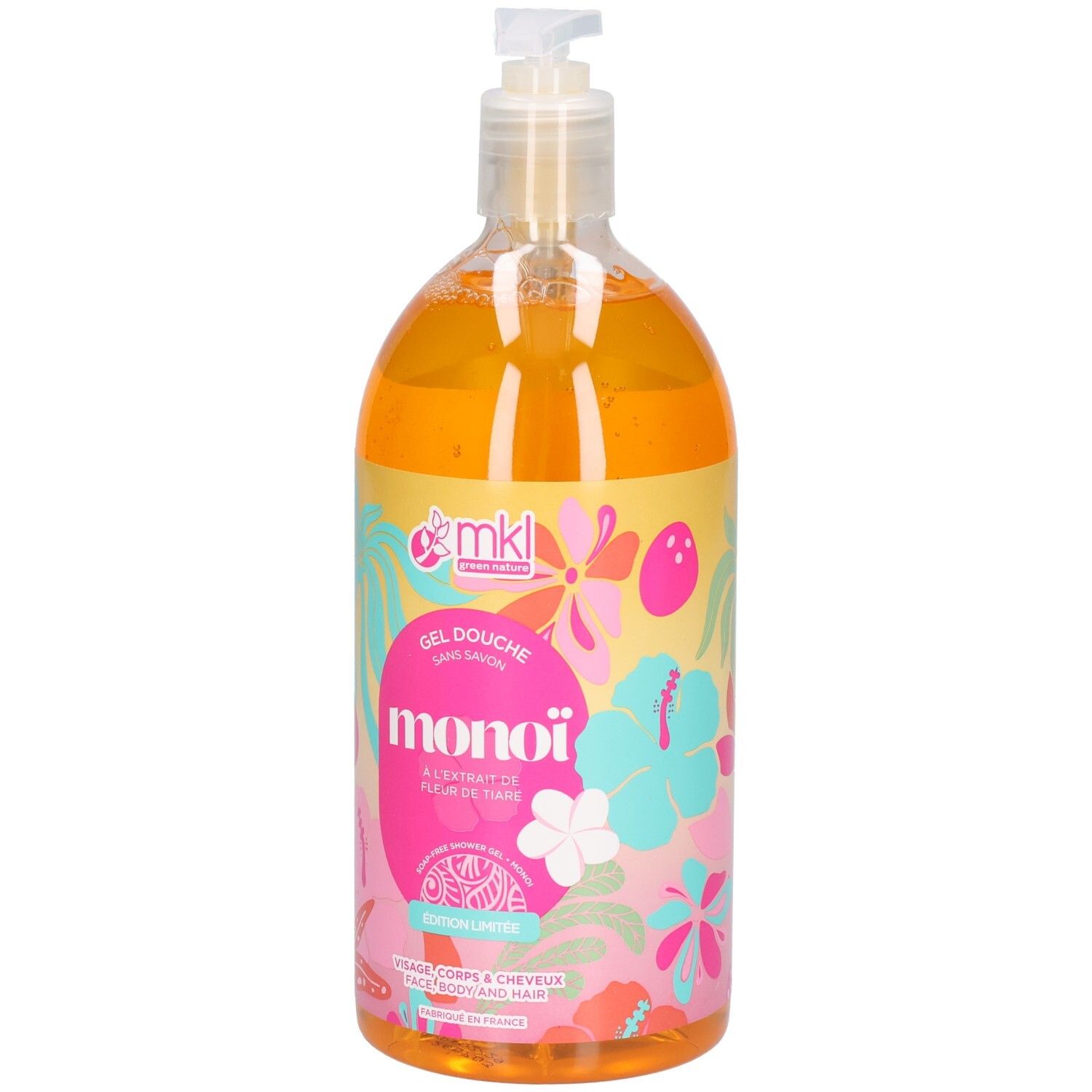 Transparente Flasche mit orangefarbenem Gel. Aufdruck: MKL, Monoi, Gel Douche. Mit Dosierpumpe.