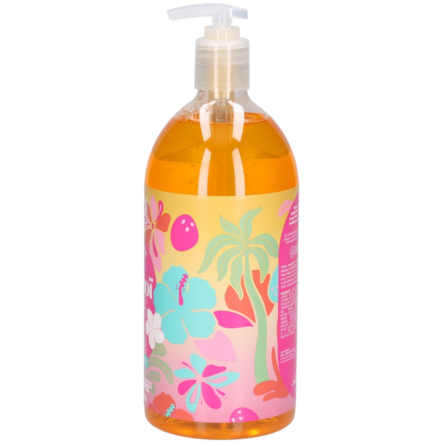 Transparente Flasche mit orangefarbenem Gel. Aufdruck: MKL, Monoi, Gel Douche. Mit Dosierpumpe.