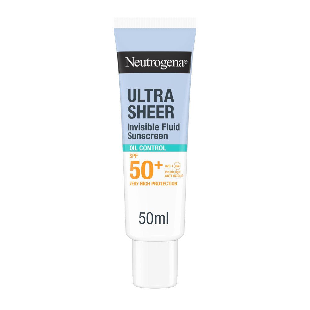 Neutrogena Ultra Sheer Solaire Fluide Invisible Oil Control SPF50+ Tube. Hellblau, weiß. Text und SPF50+.