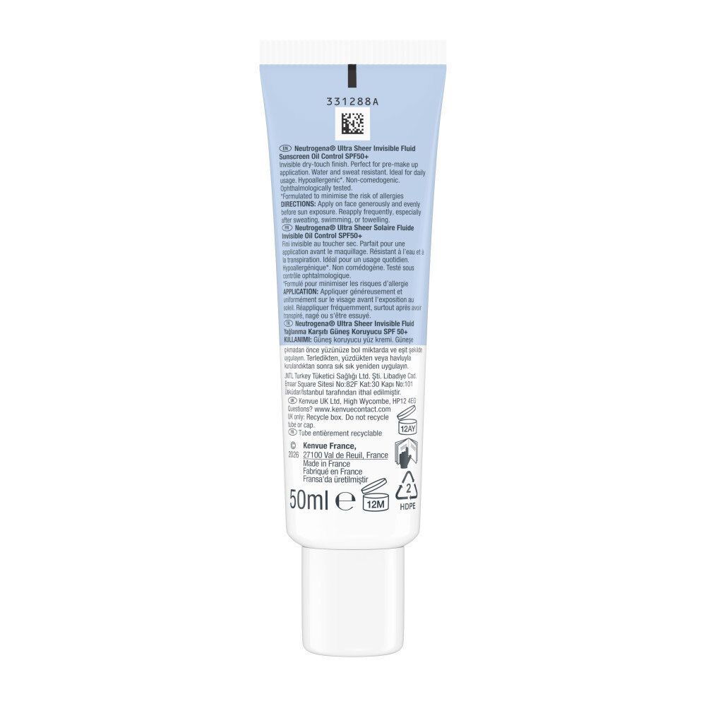 Rückseite der Tube Neutrogena Ultra Sheer Solaire Fluide Invisible Oil Control SPF50+. Text, 50ml, Recycling-Symbol.