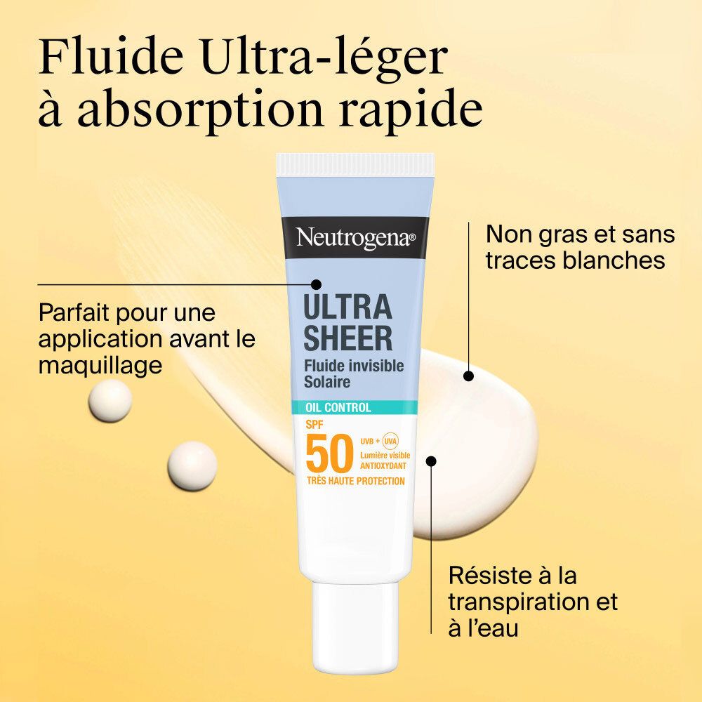 Neutrogena Ultra Sheer Solaire Fluide Invisible SPF50+ Tube. Schnell einziehend. Nicht fettend, keine weißen Spuren. Wasserfest.