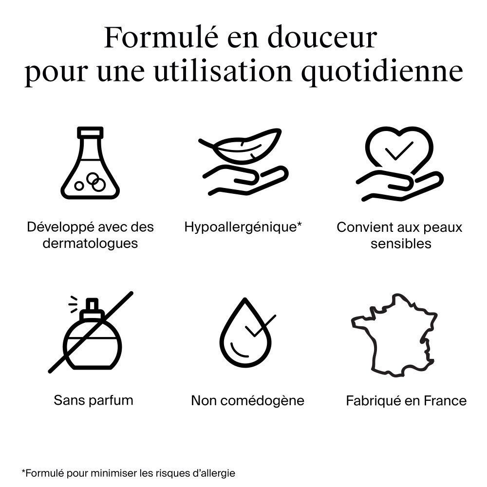 Symbole: Dermatologisch getest, hypoallergen, für empfindliche Haut geeignet, parfümfrei, nicht komedogen, hergestellt in Frankreich.