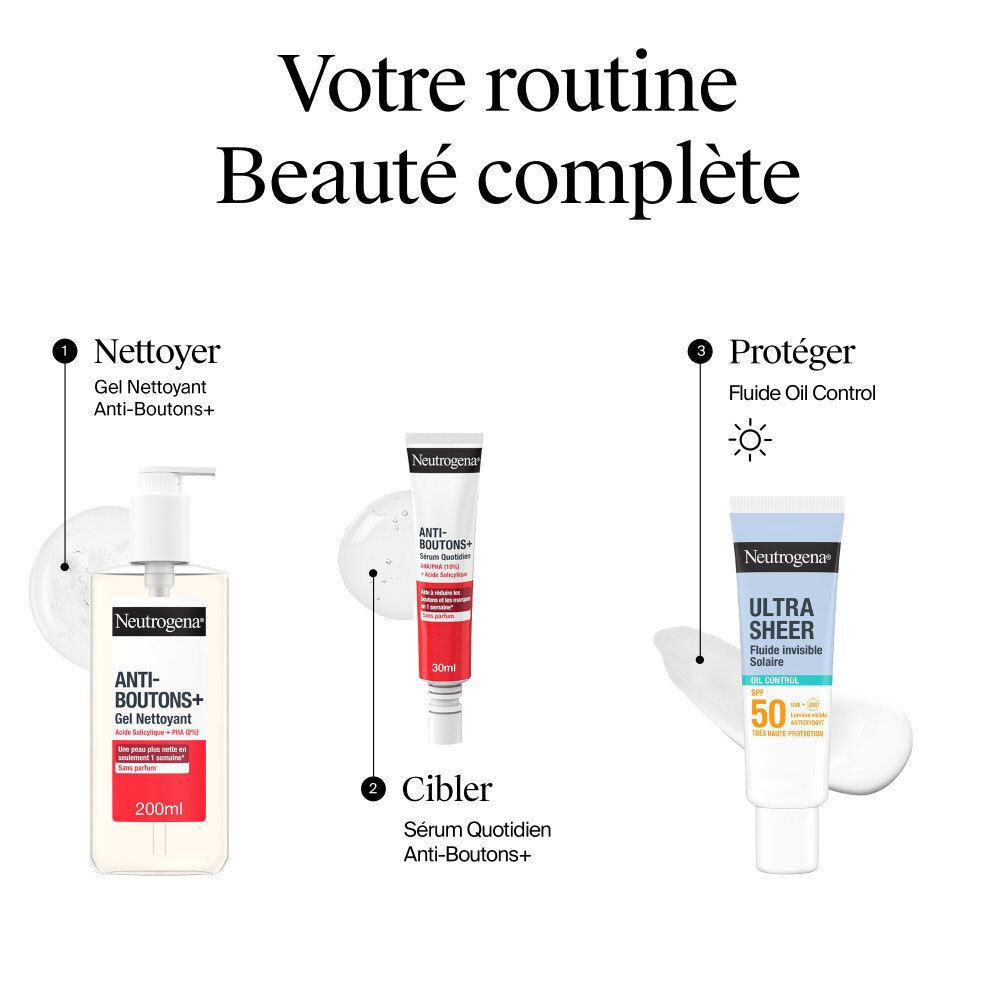 Neutrogena-Routine: Reinigen, Anti-Pickel-Gel. Zielen, tägliches Anti-Pickel-Serum. Schützen, Öl-Kontrolle Fluide SPF50+.