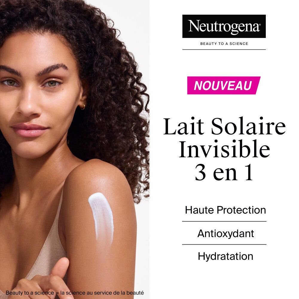 Frau trägt Sonnencreme auf. Neutrogena-Logo. Text: Lait Solaire Invisible 3 en 1. Haute Protection.