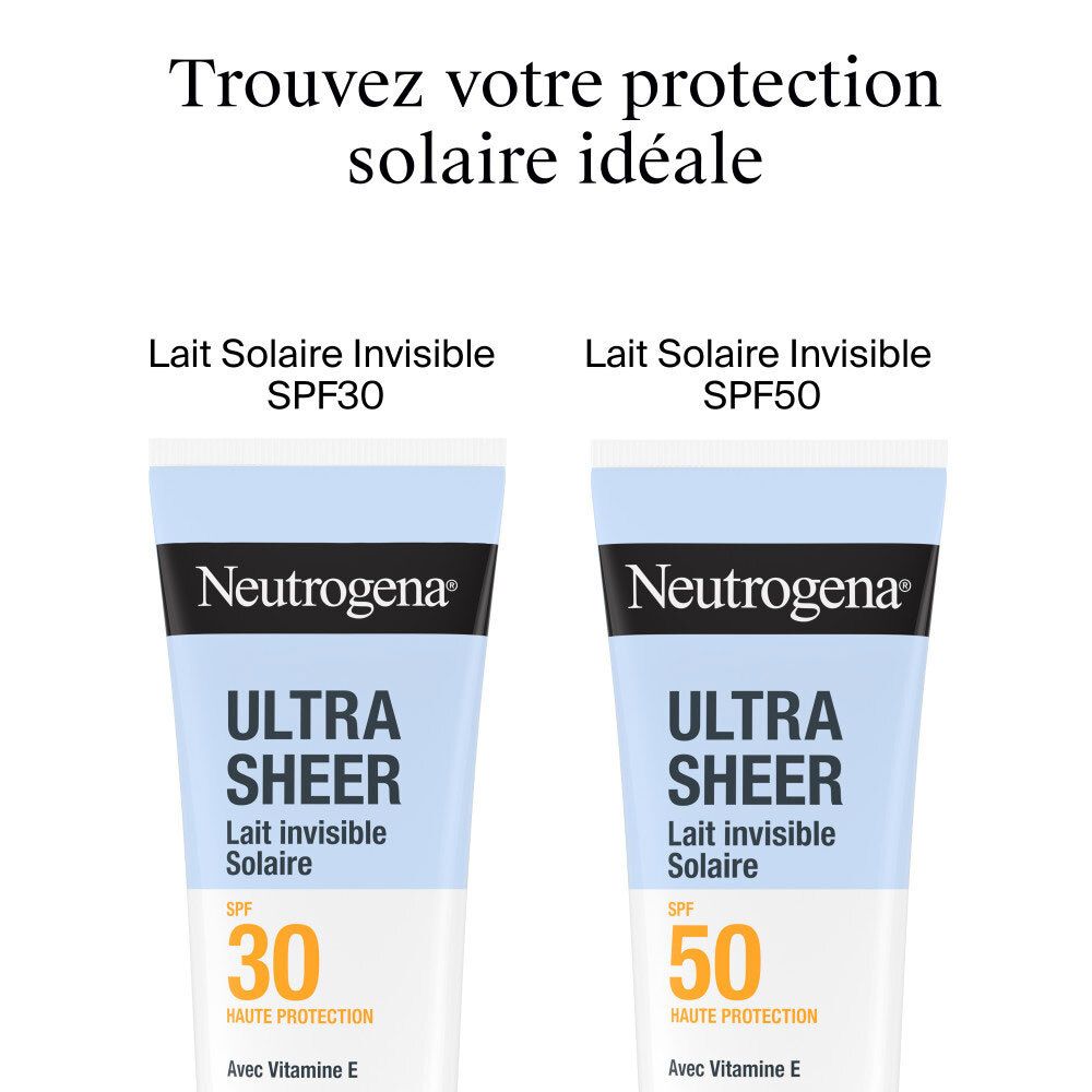 Vergleich von zwei Neutrogena Ultra Sheer Lait Solaire Invisible Produkten. SPF 30 und SPF 50.