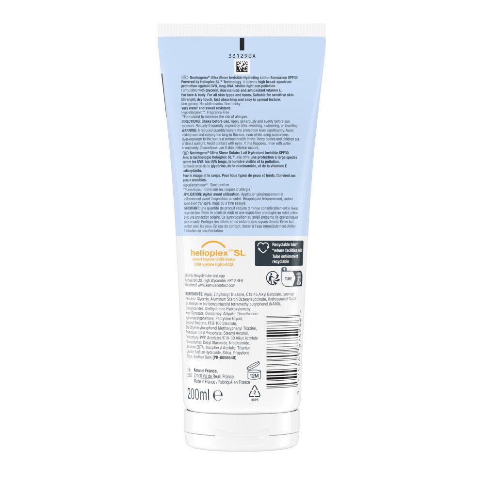 Rückseite der Neutrogena Ultra Sheer Lait Invisible Solaire SPF30 Tube. Text in mehreren Sprachen.