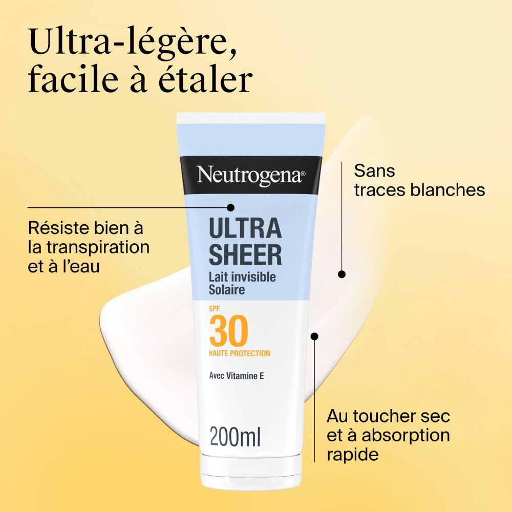 Neutrogena Ultra Sheer Lait Invisible Solaire SPF30 Tube. Text und Pfeile zeigen Eigenschaften.