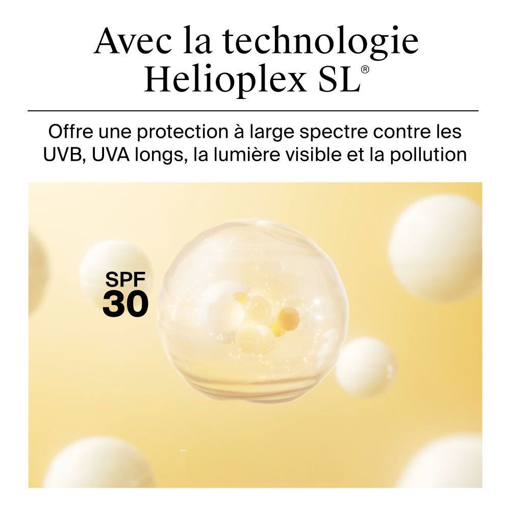 Abbildung von Molekülen mit SPF30. Text: Avec la technologie Helioplex SL.