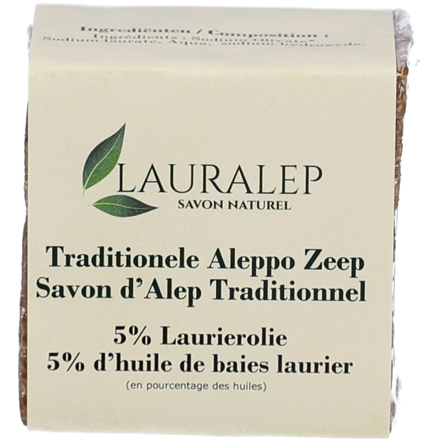 Savon LAURALEP SAVON NATUREL. Inscription: Traditionele Aleppo Zeep, 5% Laurierolie. Emballage avec feuilles.