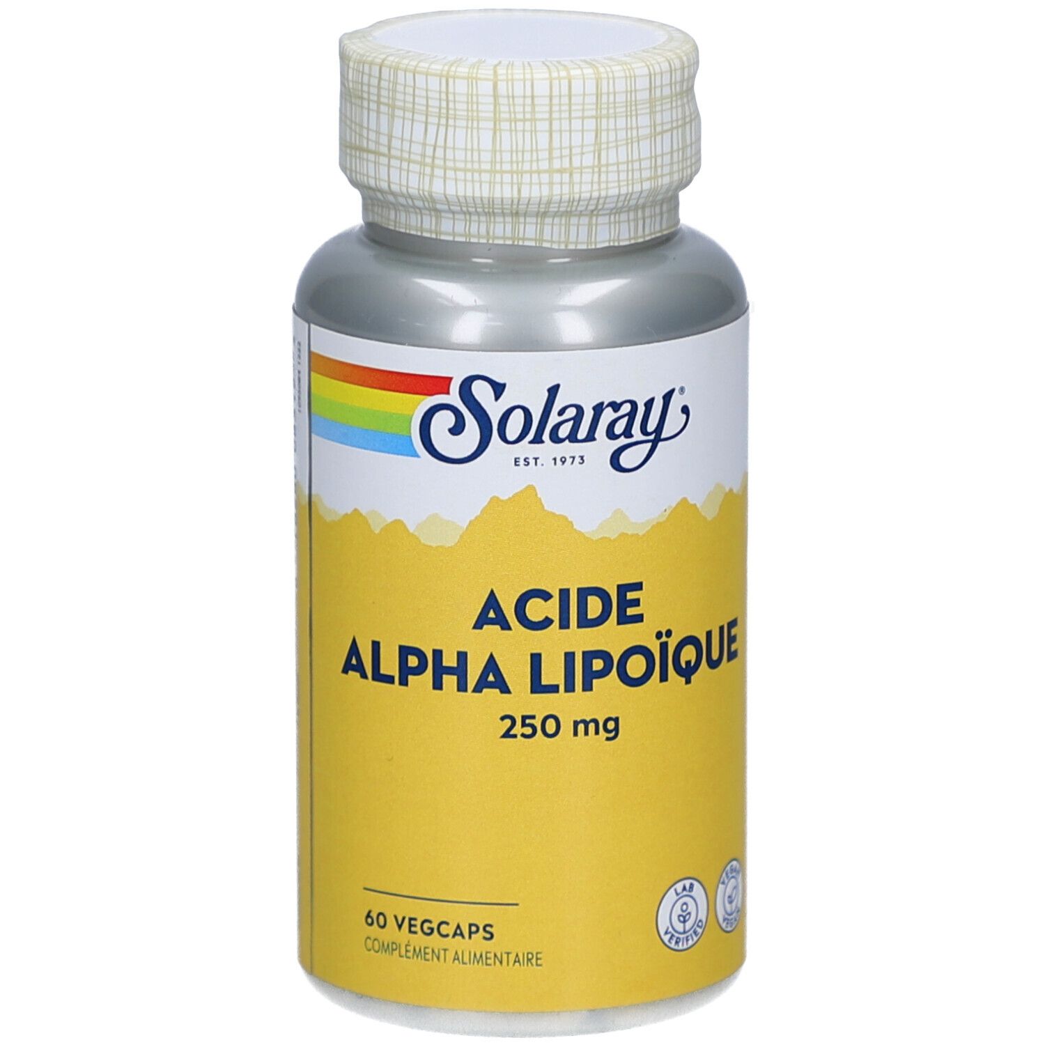 Ergänzungsmittel-Behälter. Gelbes Etikett mit Text: ACIDE ALPHA LIPOÏQUE, 250 mg. Marke Solaray, 60 Vegcaps.