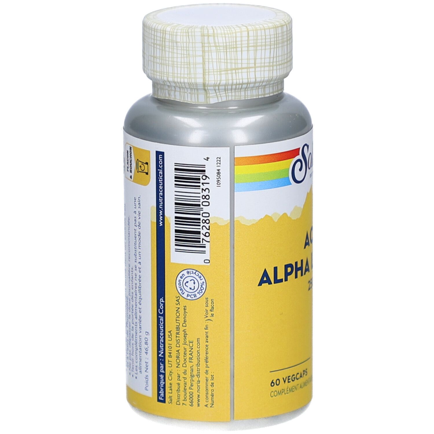 Rückseite des Ergänzungsmittel-Behälters. Barcode und Text. Marke Solaray. Gelbes Etikett mit Inhaltsstoffen und Informationen.