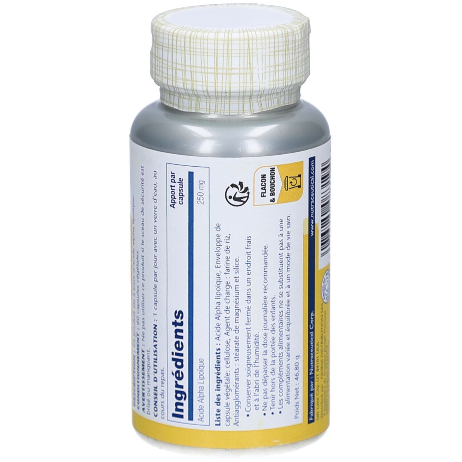 Rückseite des Ergänzungsmittel-Behälters. Gelbes Etikett mit Inhaltsstoffen und Gebrauchsanweisung. Marke Solaray.