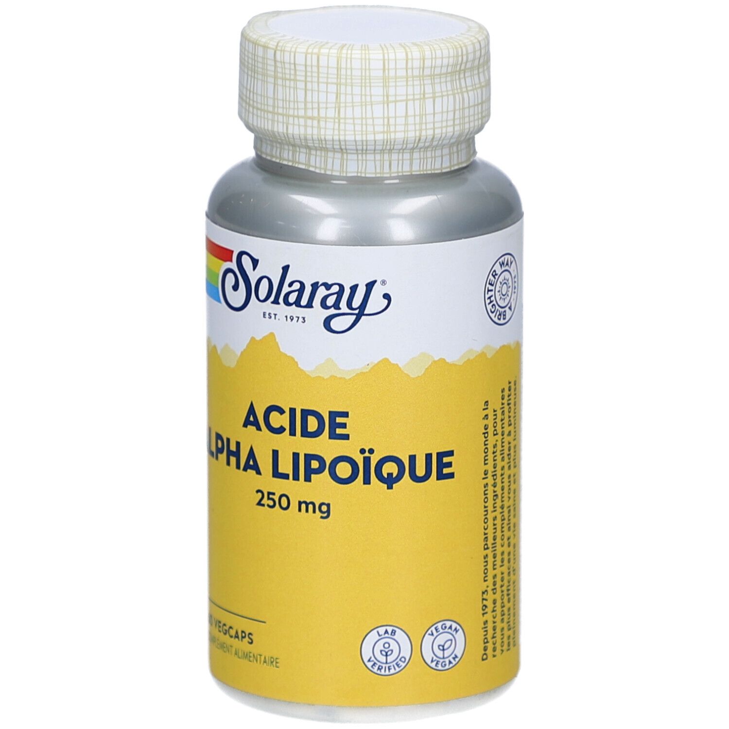 Ergänzungsmittel-Behälter. Gelbes Etikett mit Text: ACIDE ALPHA LIPOÏQUE, 250 mg. Marke Solaray, 60 Vegcaps.