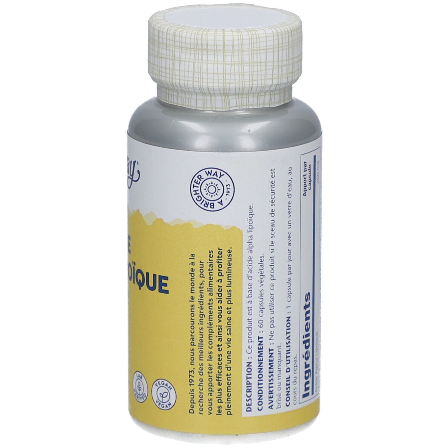 Rückseite des Ergänzungsmittel-Behälters. Gelbes Etikett mit Text und Inhaltsstoffen. Marke Solaray. Vegan-Siegel.