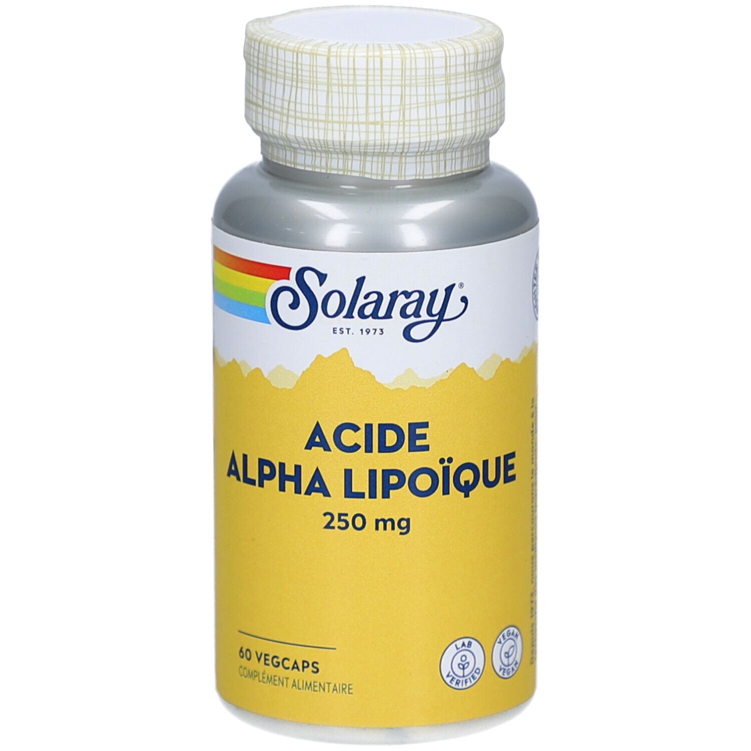 Ergänzungsmittel-Behälter. Gelbe Etikett mit Text: ACIDE ALPHA LIPOÏQUE, 250 mg. Marke Solaray, 60 Vegcaps.