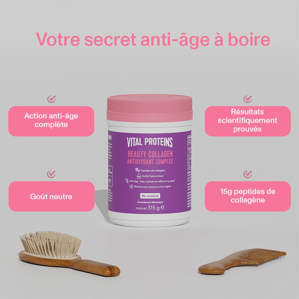 Pot rose. Inscription: VITAL PROTEINS BEAUTY COLLAGEN ANTIOXIDANT COMPLEX. 315g. Brosse et peigne en bois.
