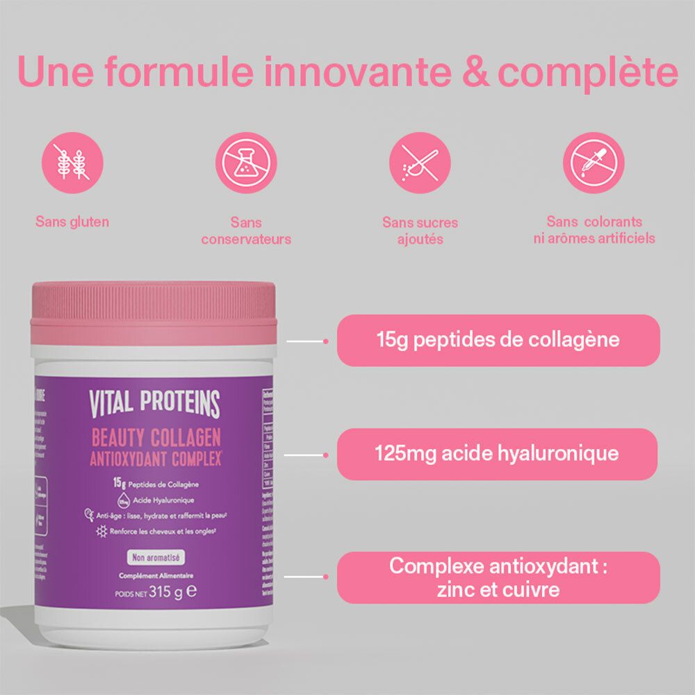 Pot rose. Inscription: VITAL PROTEINS BEAUTY COLLAGEN ANTIOXIDANT COMPLEX. 15g peptides de collagène, 125mg acide hyaluronique.