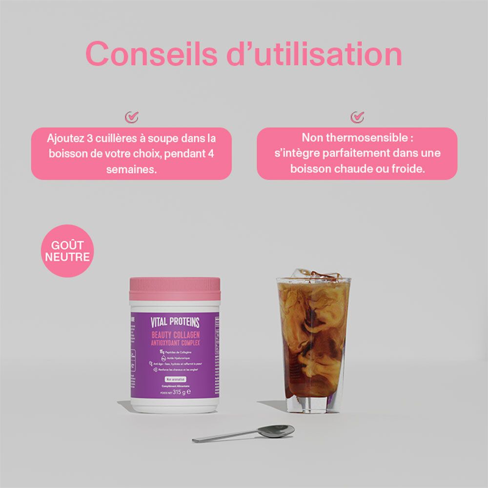 Pot, cuillère et boisson glacée. Texte: 3 cuillères à soupe dans boisson, 4 semaines. Non thermosensible.