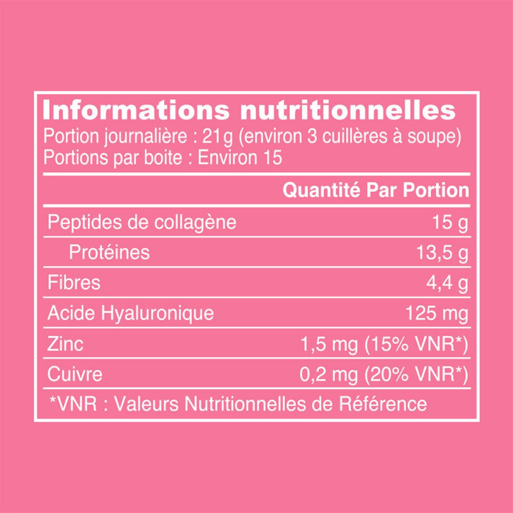 Informations nutritionnelles. Par portion: 15g peptides de collagène, 13,5g protéines, 4,4g fibres, 125mg acide hyaluronique.