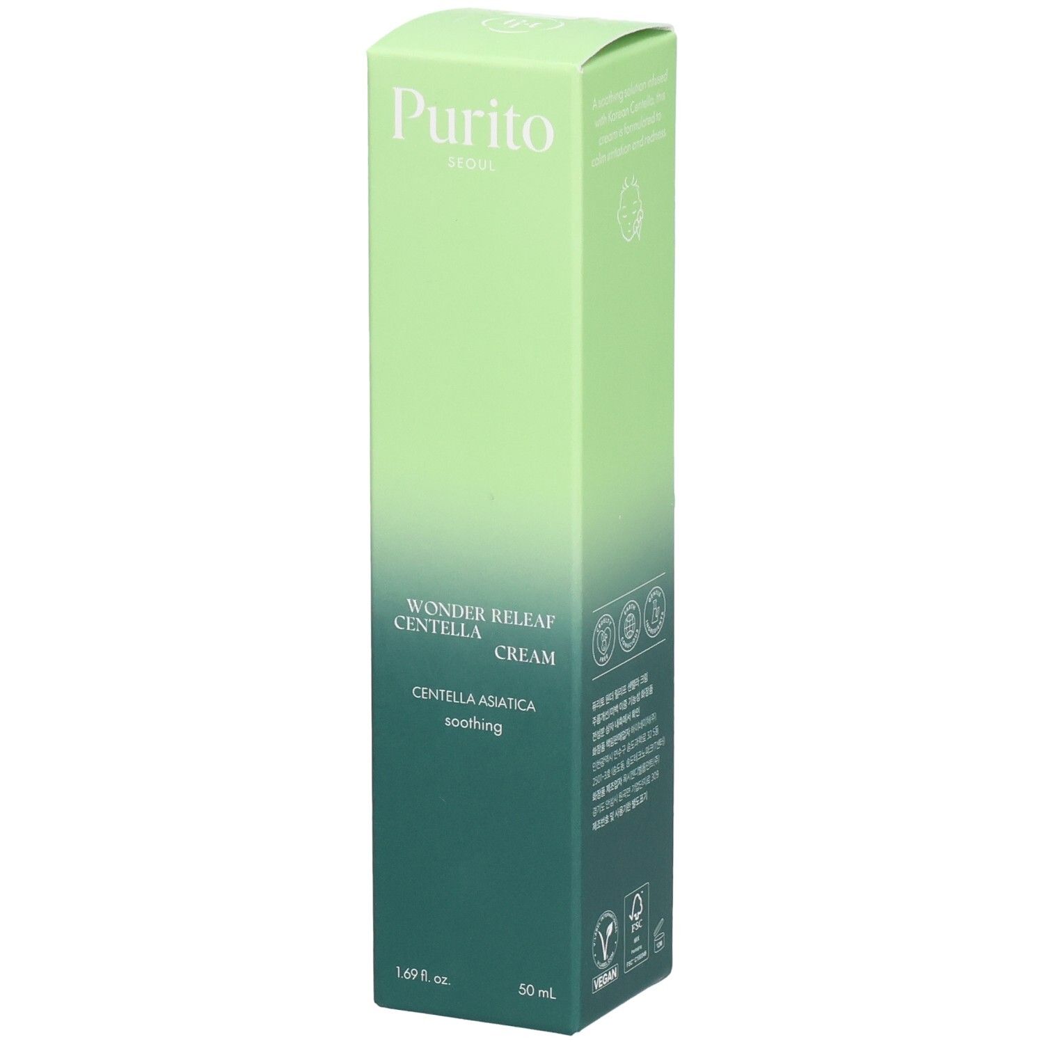 Grüne Verpackung von Purito Creme. Text: Wonder Releaf Centella Cream, Centella Asiatica, beruhigend. Vegan-Siegel.