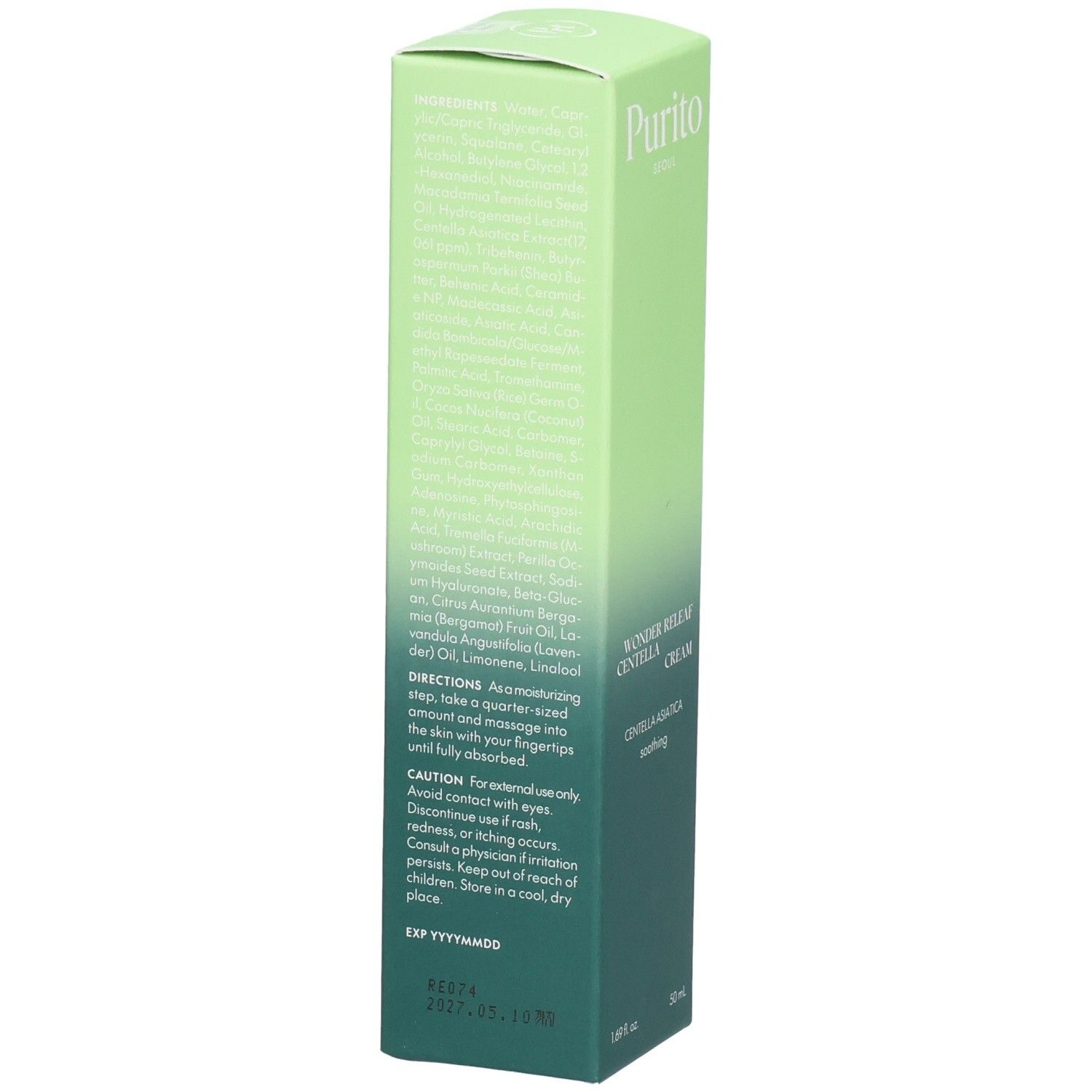 Rückseite der grünen Purito Creme-Verpackung. Text: Inhaltsstoffe, Anwendungshinweise, Vorsichtshinweise. Vegan-Siegel.