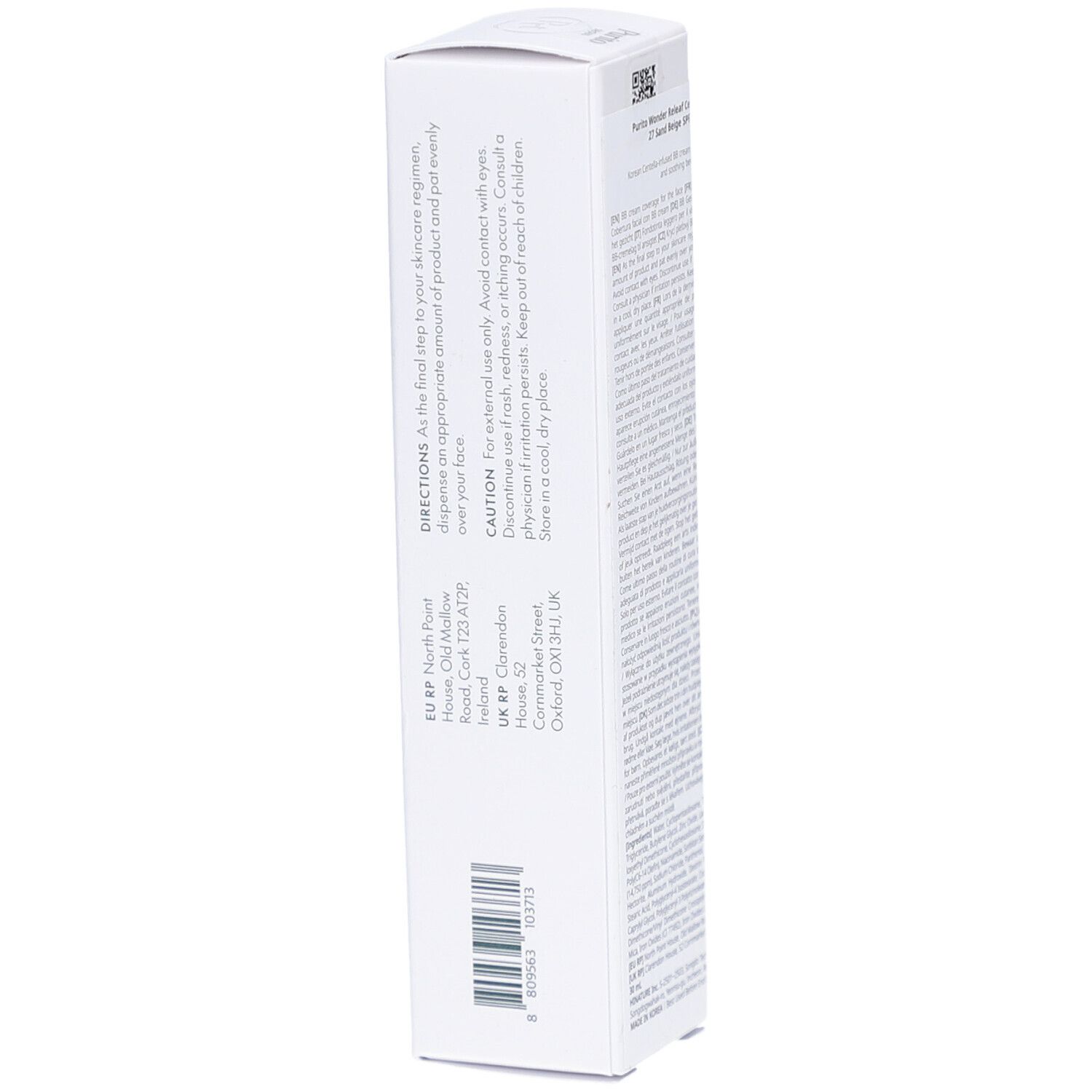 Weiße Verpackung mit Produktinformationen. Enthält BB Cream. Marke Purito. Rückseite mit Text und Adresse.