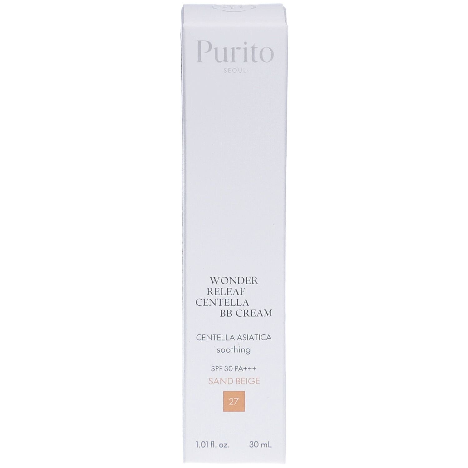 Weiße Verpackung mit Produktnamen und -details. Enthält BB Cream, Farbton Sand Beige 27, 30 ml. Marke Purito.