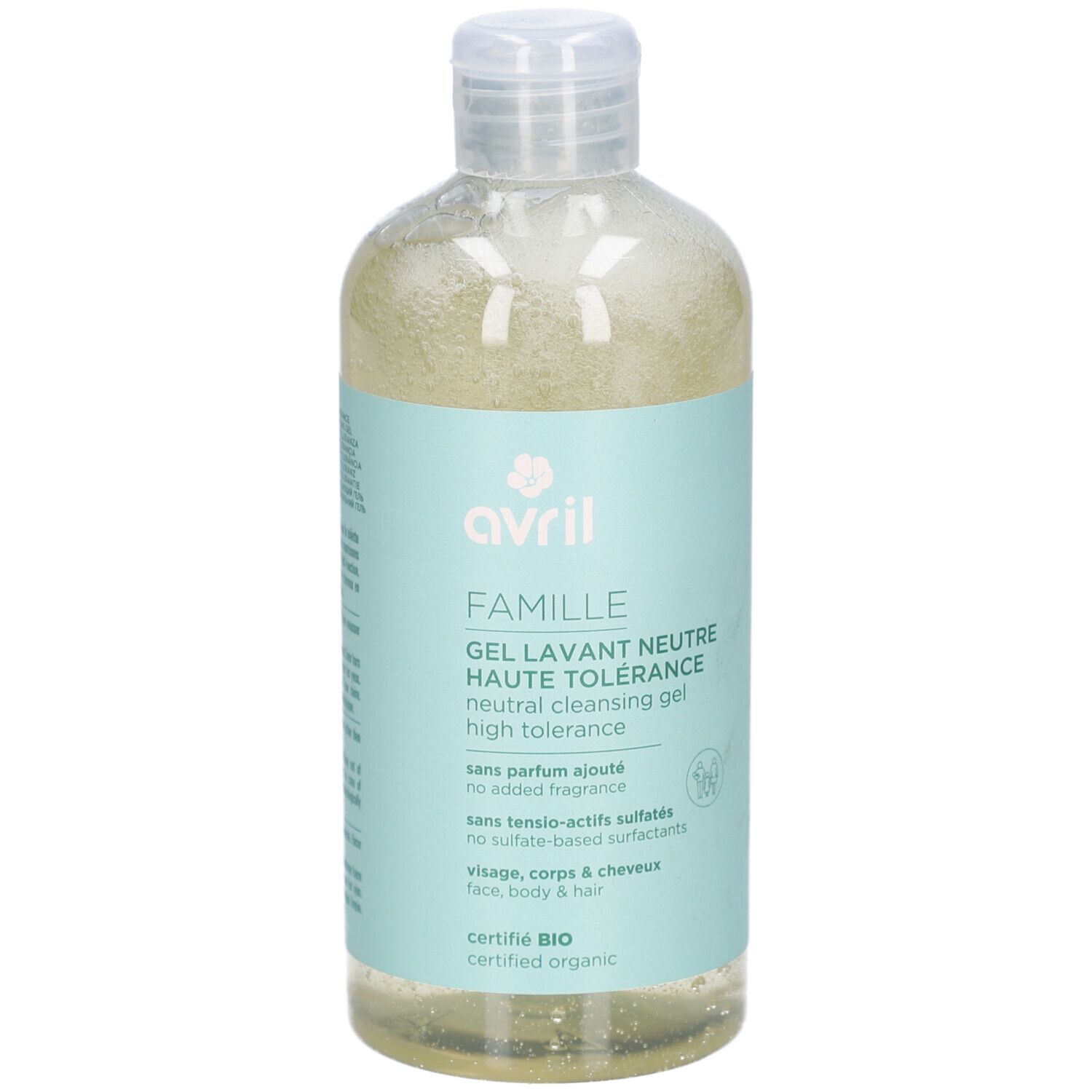 Klare Flasche mit hellgrünem Gel. Aufschrift: avril, FAMILLE, Gel Lavant Neutre Haute Tolérance. Zertifiziert Bio.