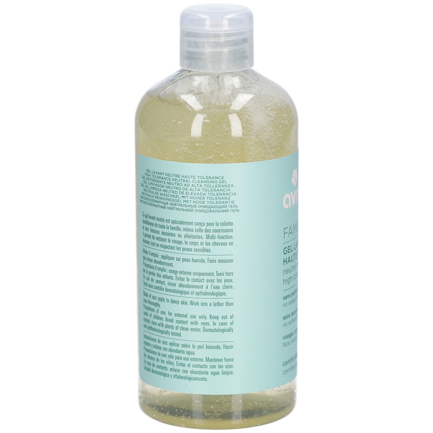 Rückseite der Flasche. Text in mehreren Sprachen. Aufschrift: Gel Lavant Neutre Haute Tolérance. Zertifiziert Bio.