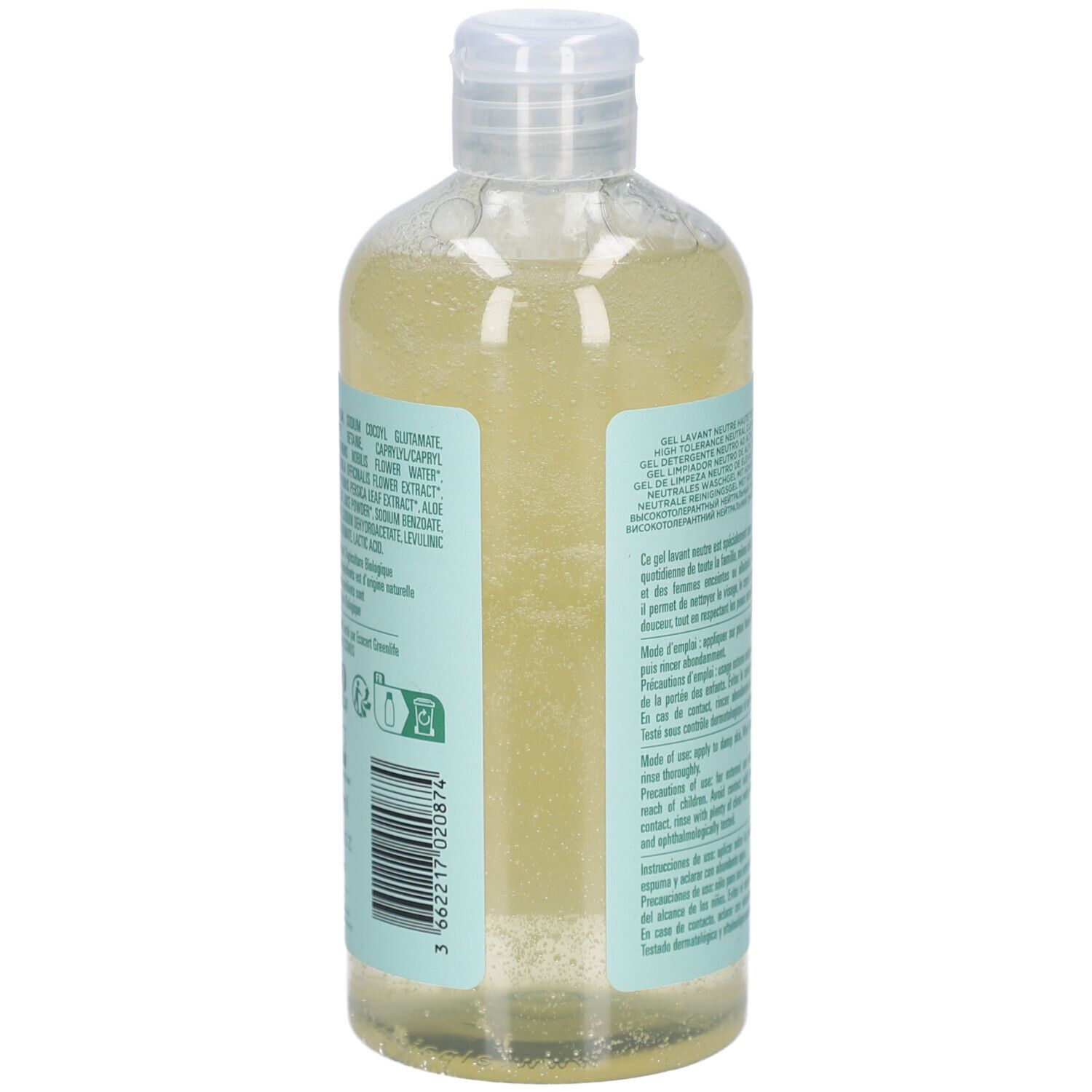 Rückseite der Flasche. Text in mehreren Sprachen. Aufschrift: Gel Lavant Neutre Haute Tolérance. Barcode.