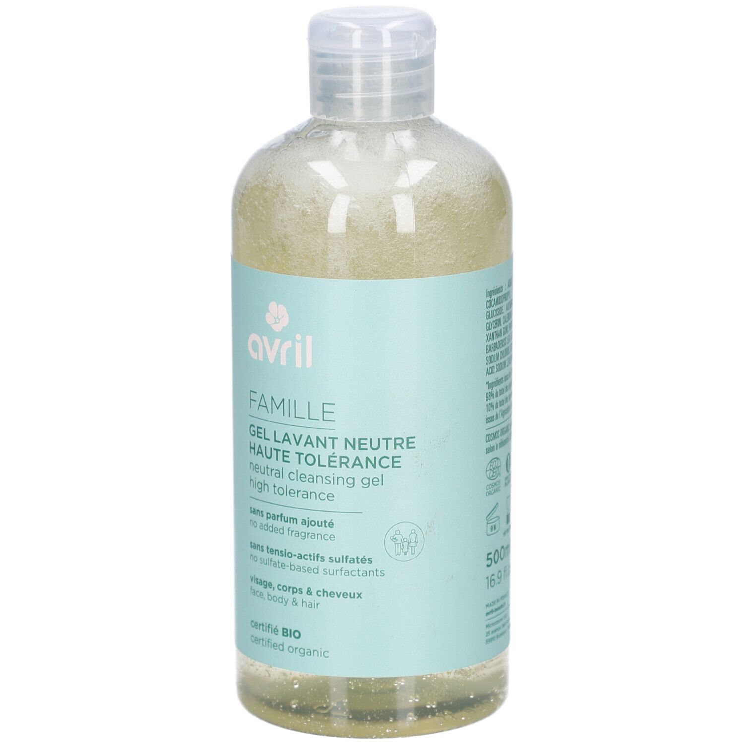 Klare Flasche mit hellgrünem Gel. Aufschrift: avril, FAMILLE, Gel Lavant Neutre Haute Tolérance. 500ml.