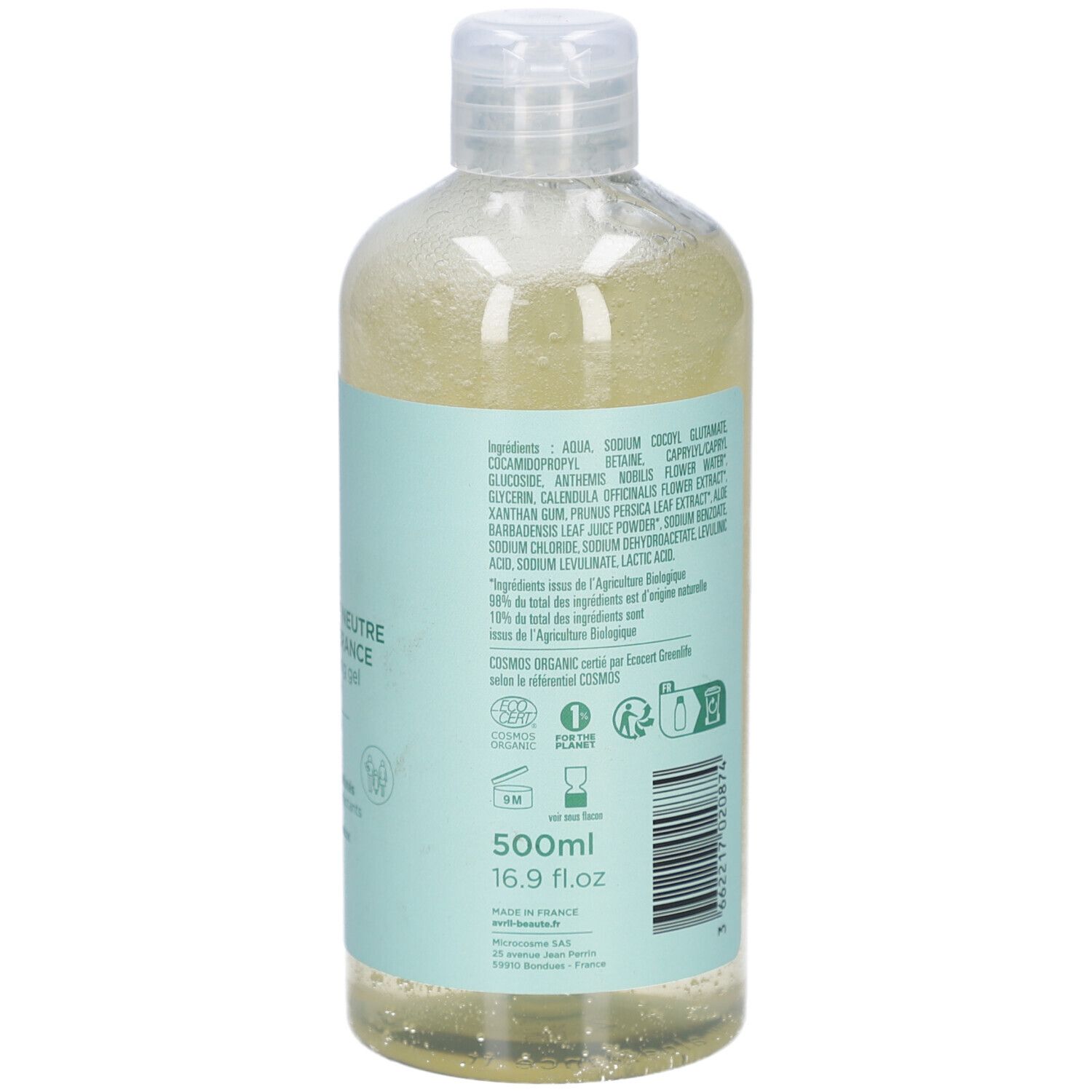 Rückseite der Flasche. Inhaltsstoffe, 500ml, 16.9 fl.oz. Aufschrift: Gel Lavant Neutre Haute Tolérance. Zertifiziert Bio.
