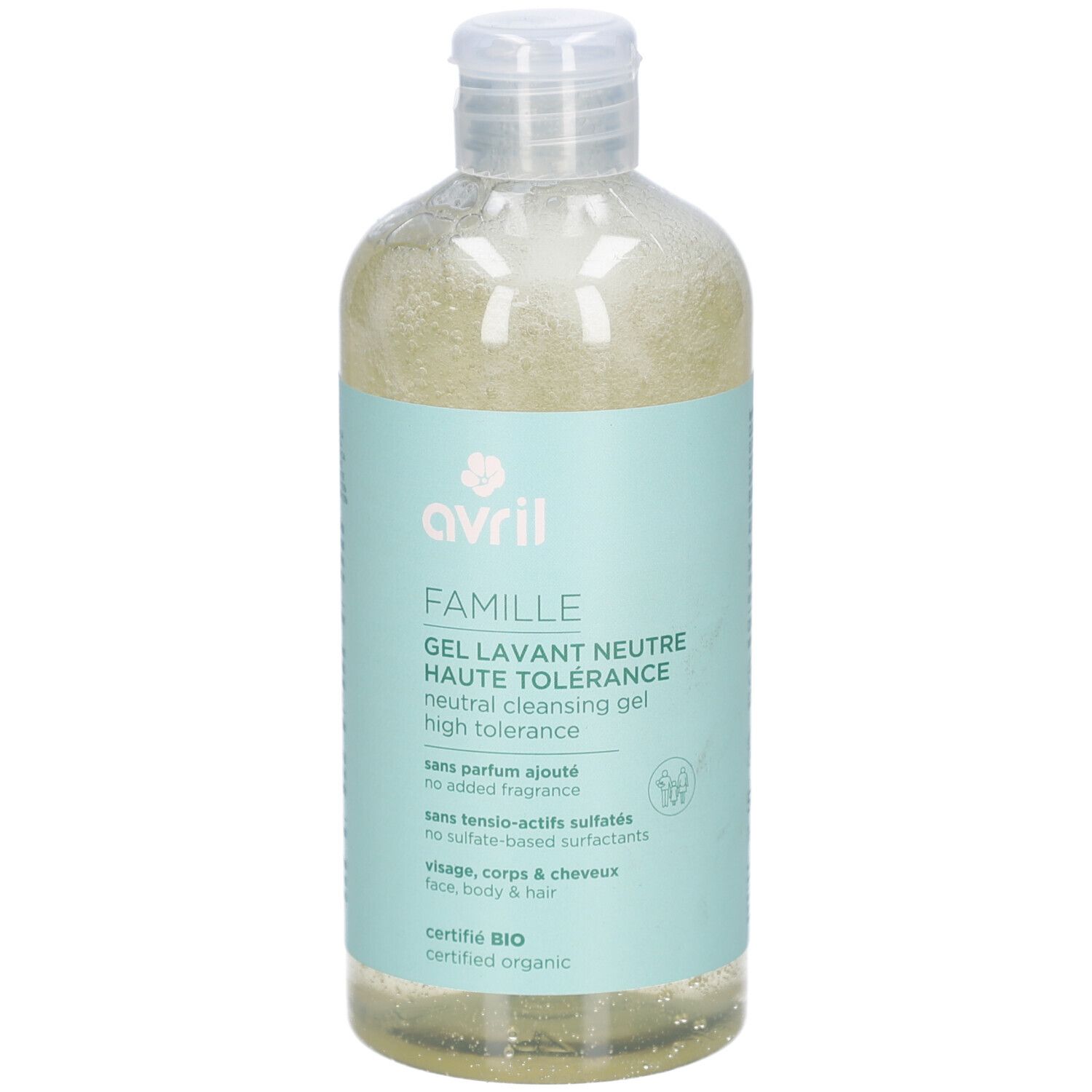 Klare Flasche mit hellgrünem Gel. Aufschrift: avril, FAMILLE, Gel Lavant Neutre Haute Tolérance. Zertifiziert Bio.
