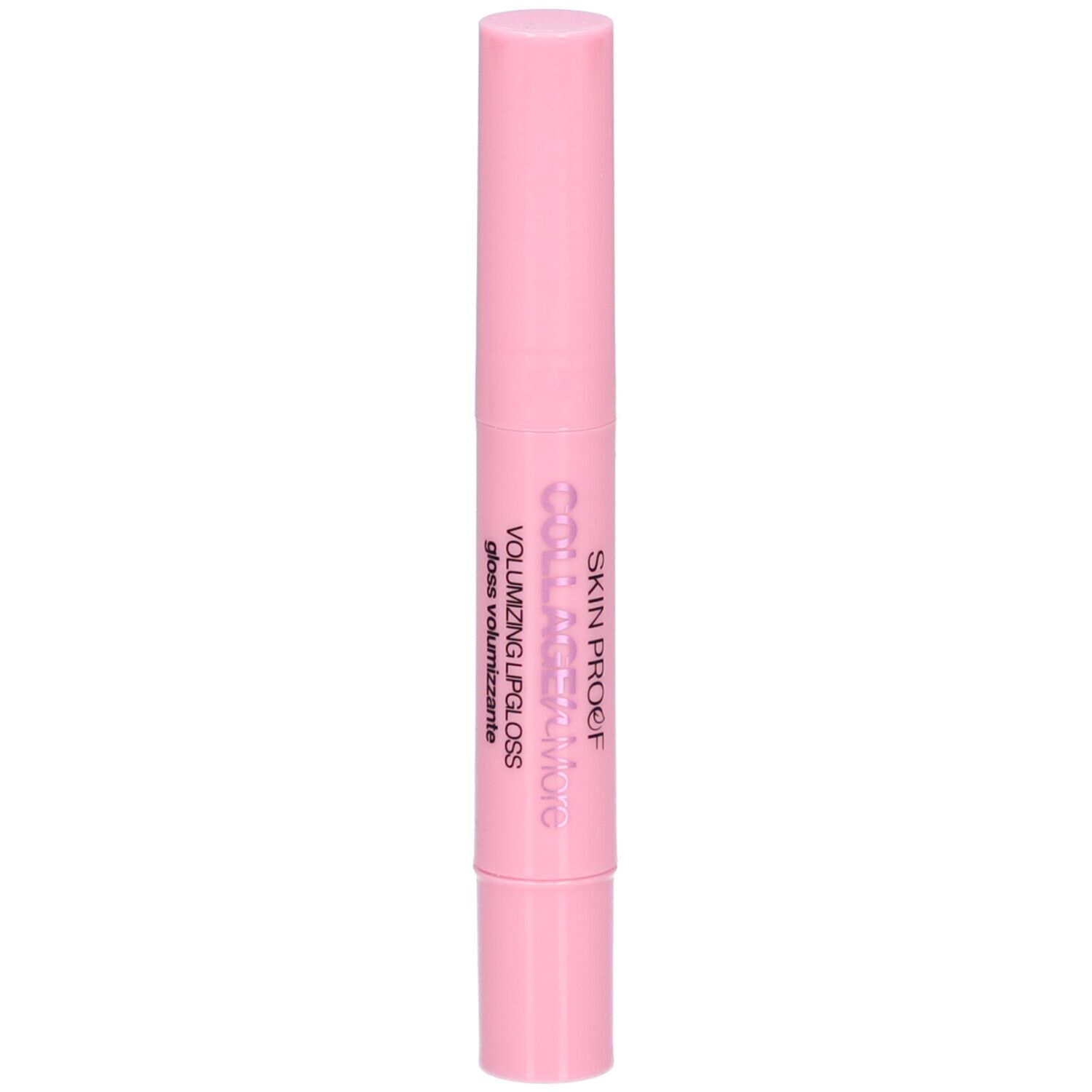 Rosa Lippen-Gloss-Stift. Aufschrift: COLLAGEN MORE, SKIN PROOF, VOLUMIZING LIP GLOSS.