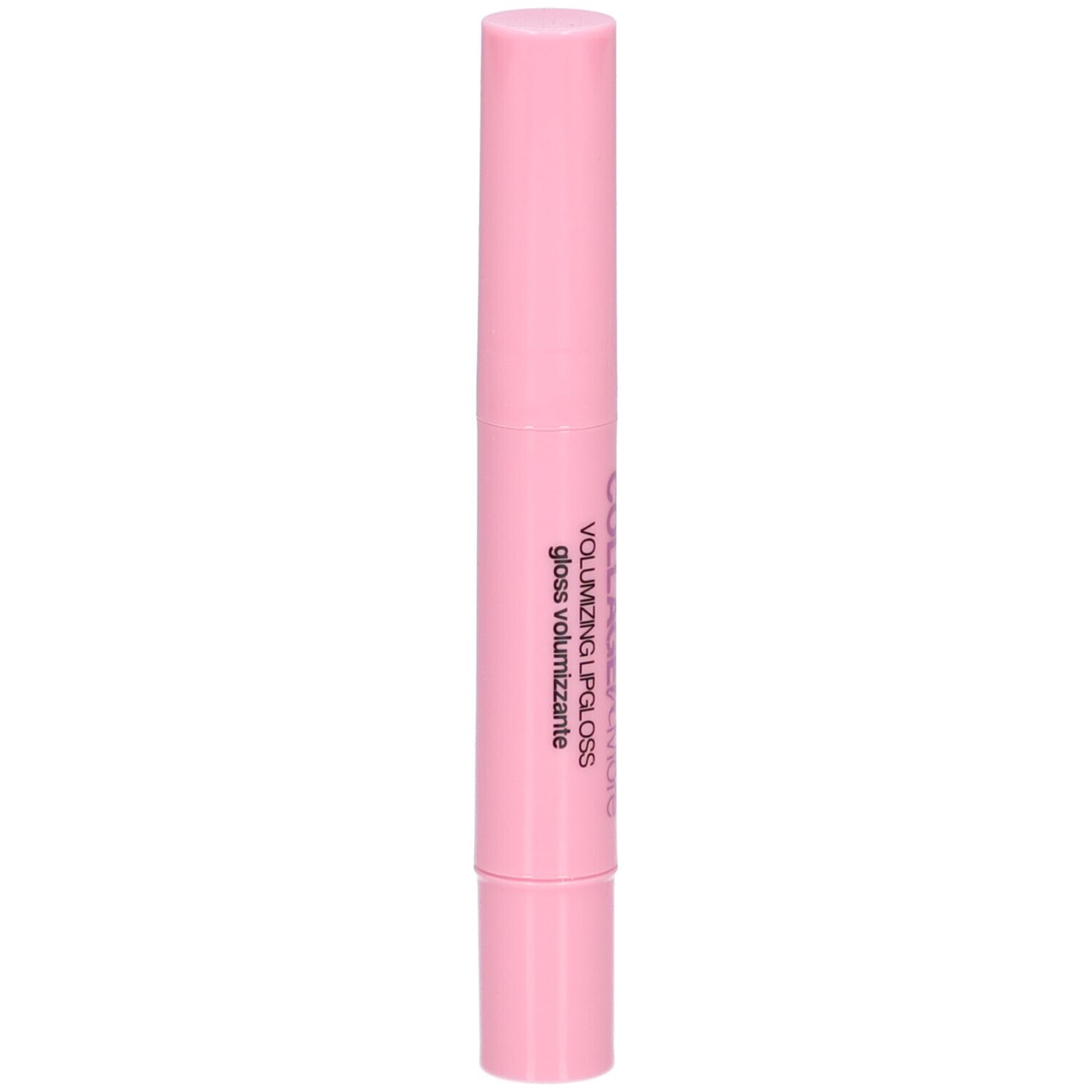 Rosa Lippen-Gloss-Stift. Aufschrift: VOLUMIZING LIP GLOSS, gloss volumizzante.