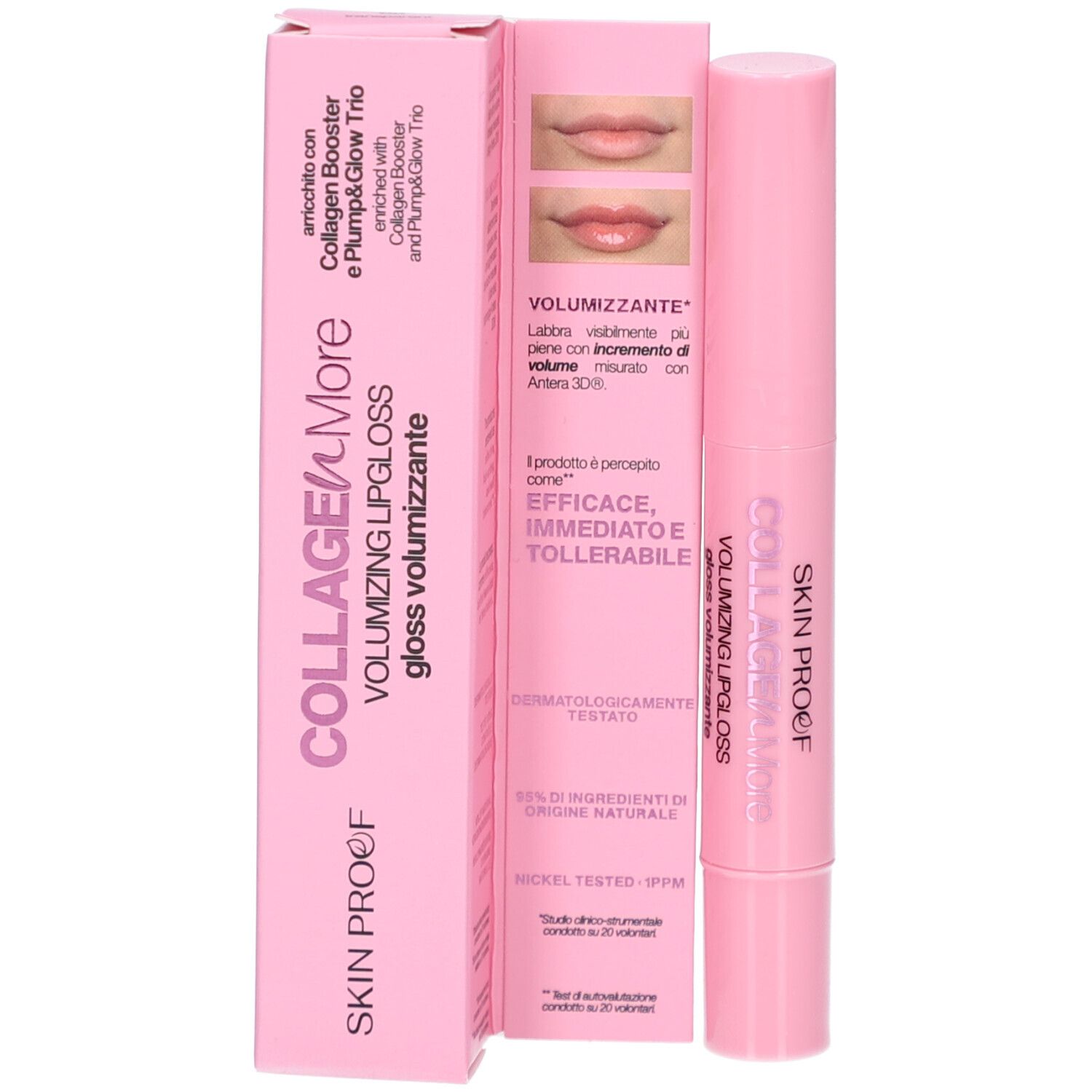 Rosa Verpackung mit Lippen-Gloss. Aufschrift: COLLAGEN MORE, SKIN PROOF, VOLUMIZING LIP GLOSS.