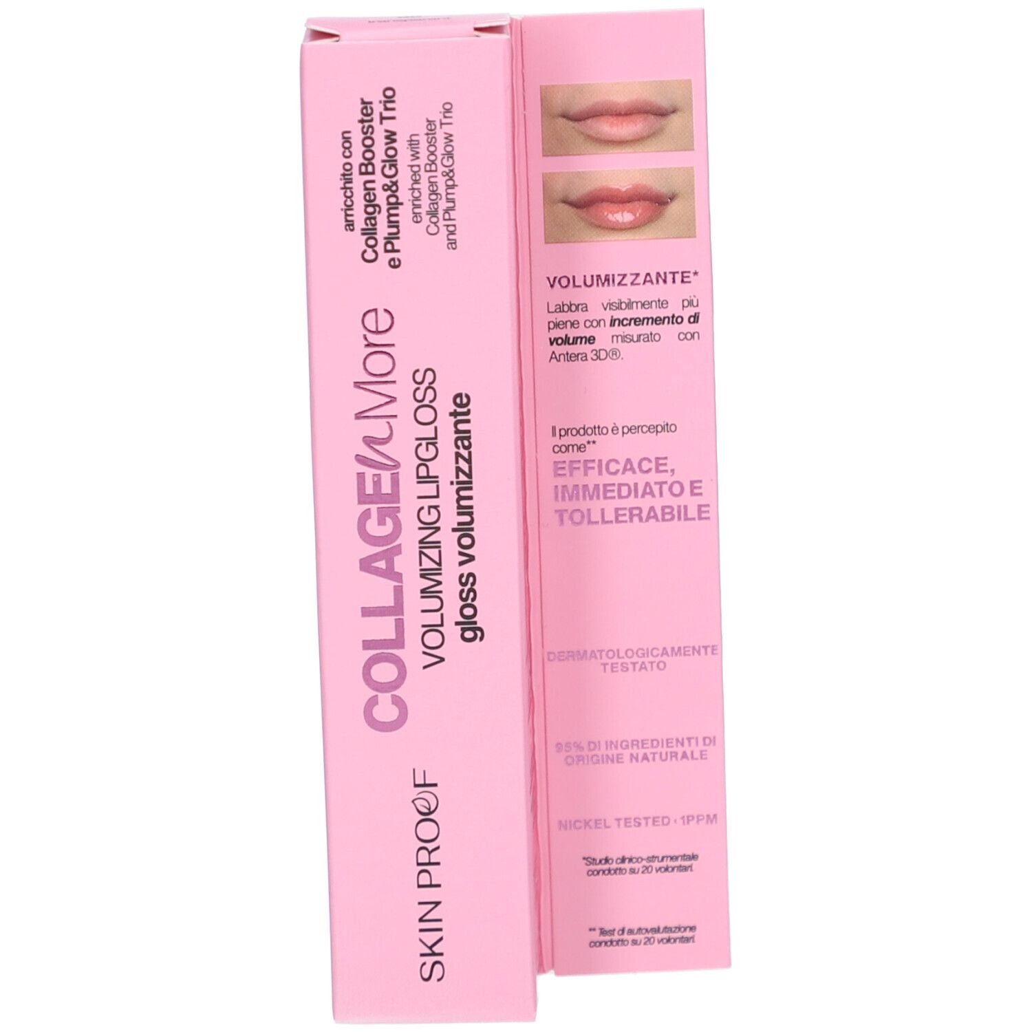 Rosa Verpackung mit Lippen-Gloss. Aufschrift: COLLAGEN MORE, SKIN PROOF, VOLUMIZING LIP GLOSS.