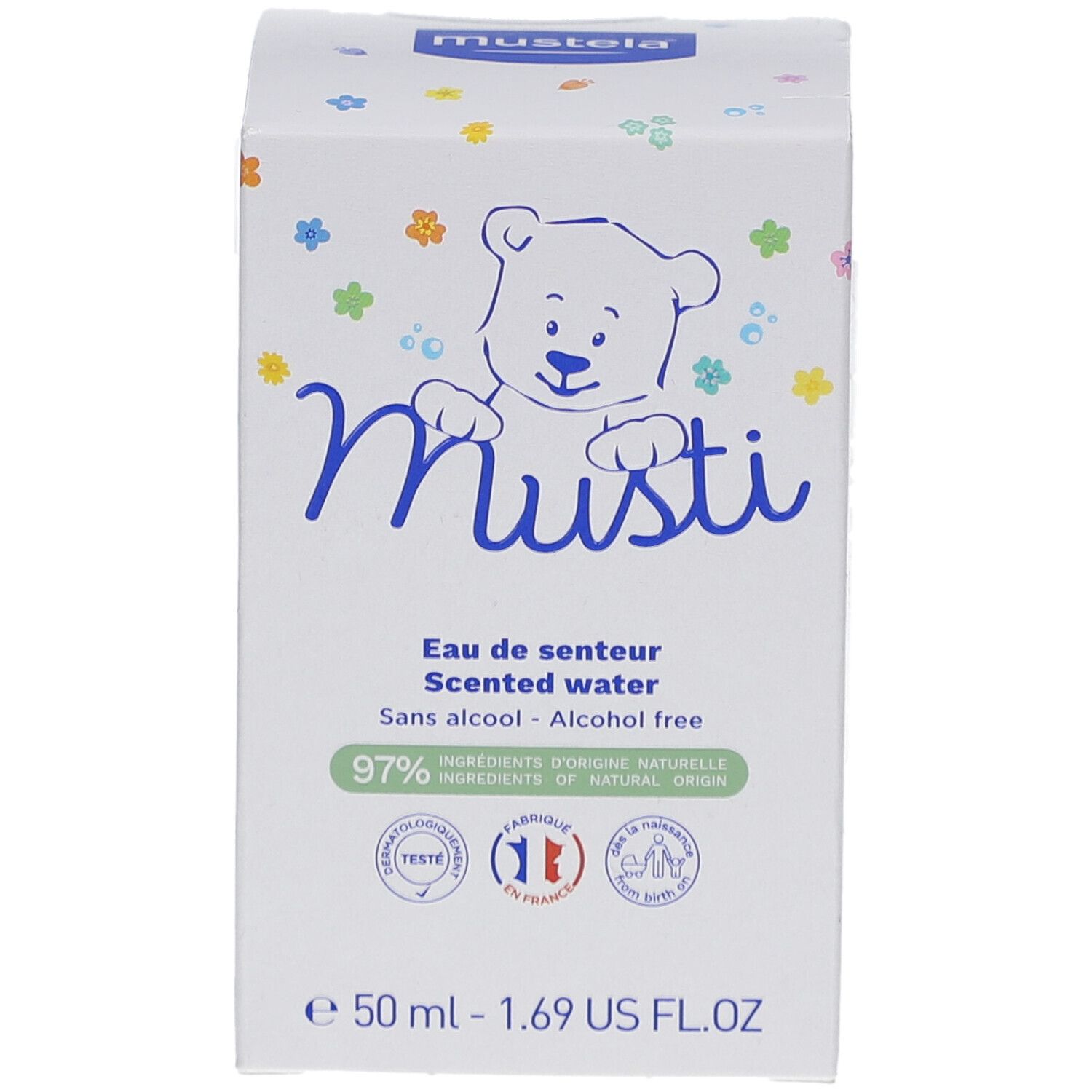 Boîte en carton blanche. Inscription "Musti" et "Eau de senteur". Contient 97% d'ingrédients d'origine naturelle. 50ml.