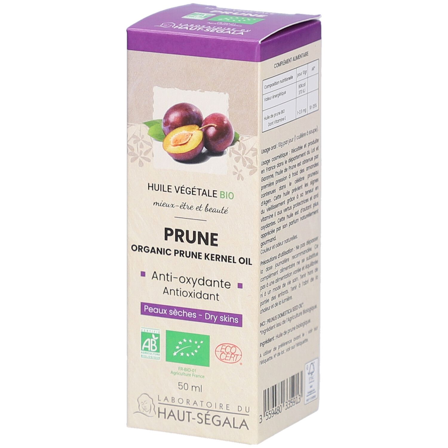 Karton mit Produktabbildung. Aufschrift: PRUNE, Organic Prune Kernel Oil. Zertifizierungen: AB, Bio, Ecocert. 50 ml.