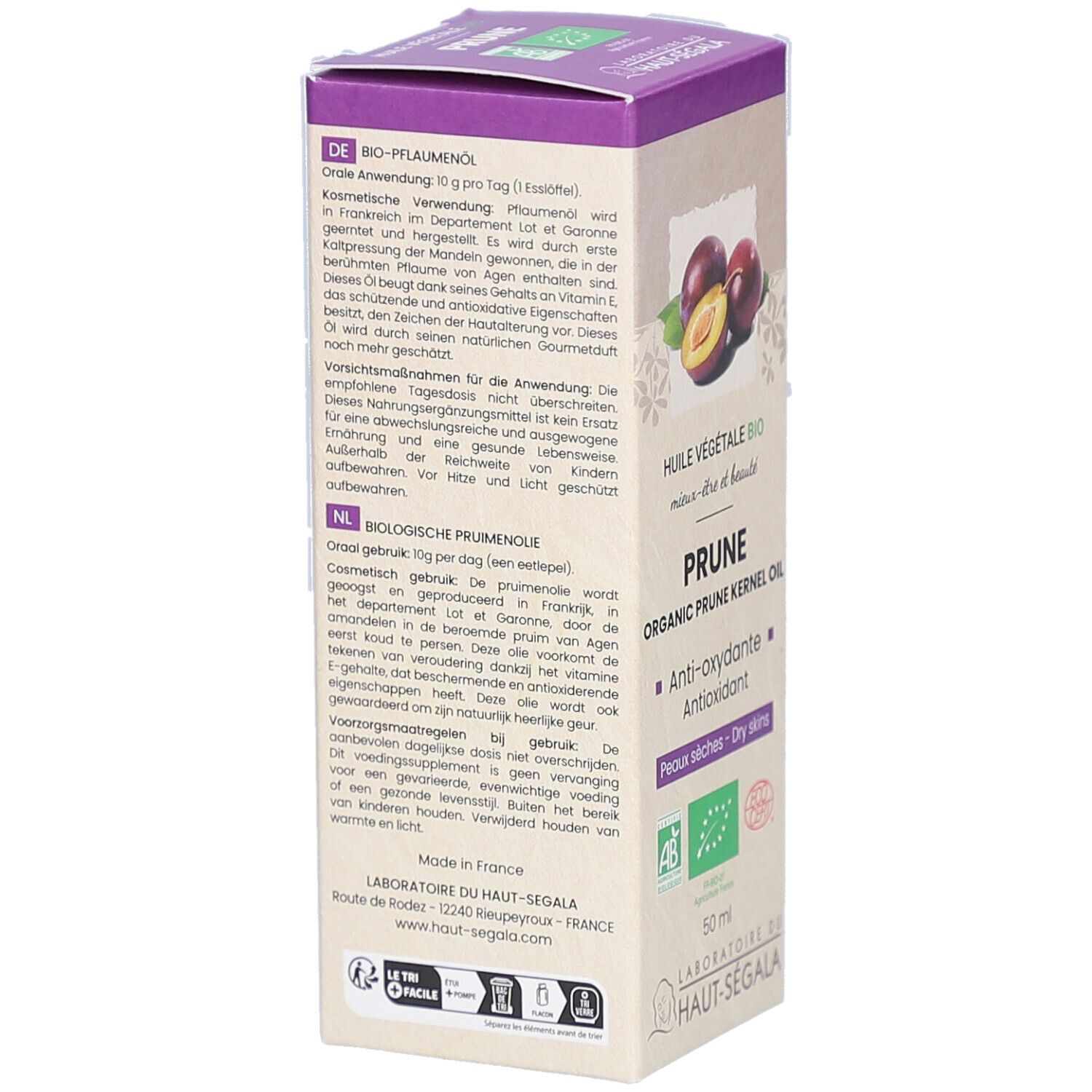 Rückseite der Produktverpackung. Text in Deutsch, Französisch, Englisch, Spanisch und Italienisch. Bio-Zertifizierungen.