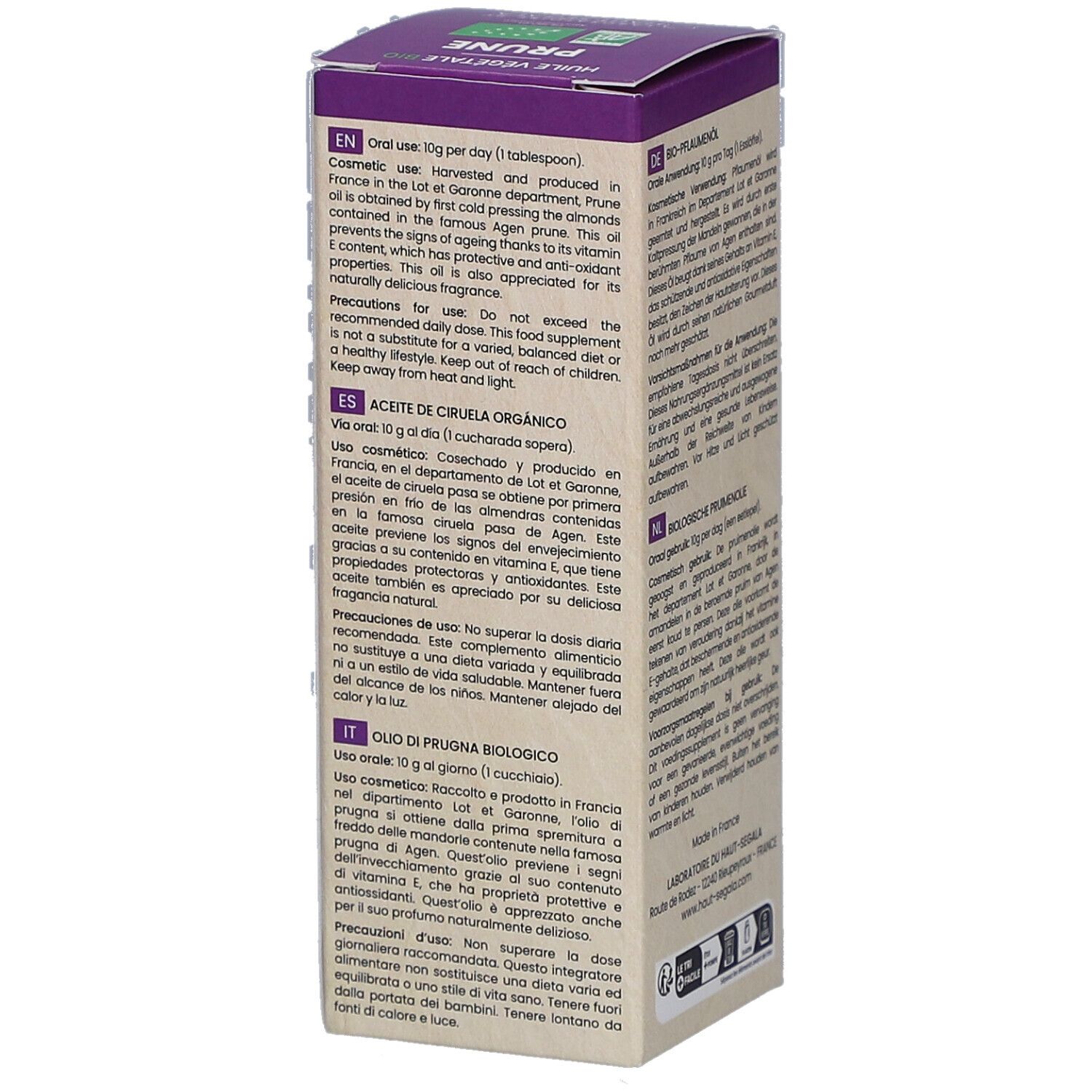 Rückseite der Produktverpackung. Text in Englisch, Spanisch und Italienisch. Informationen zur Anwendung und Inhaltsstoffe.