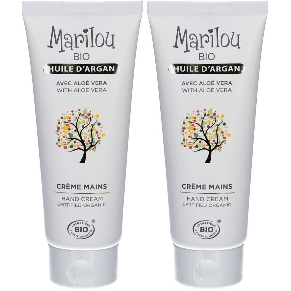 Deux tubes de crème pour les mains blancs avec Marilou Bio, huile d'argan, aloe vera et certification bio. Crème mains.