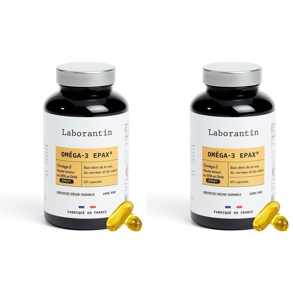 Zwei Flaschen Laborantin Omega-3 Epax Kapseln mit EPA & DHA aus Fischöl. 60 Kapseln pro Flasche.