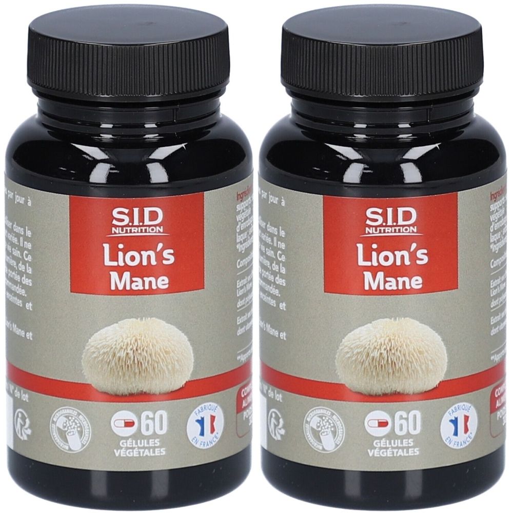 Zwei schwarze Flaschen mit Kapseln. Auf dem Etikett steht "S.I.D NUTRITION Lion's Mane". Jede Flasche enthält 60 Kapseln.