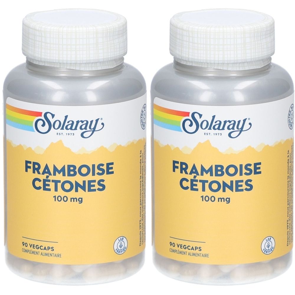 Zwei Flaschen mit weißen Deckeln. Auf gelbem Etikett steht "FRAMBOISE CÉTONES 100 mg" und "Solaray". Aufschrift "90 VEGCAPS".